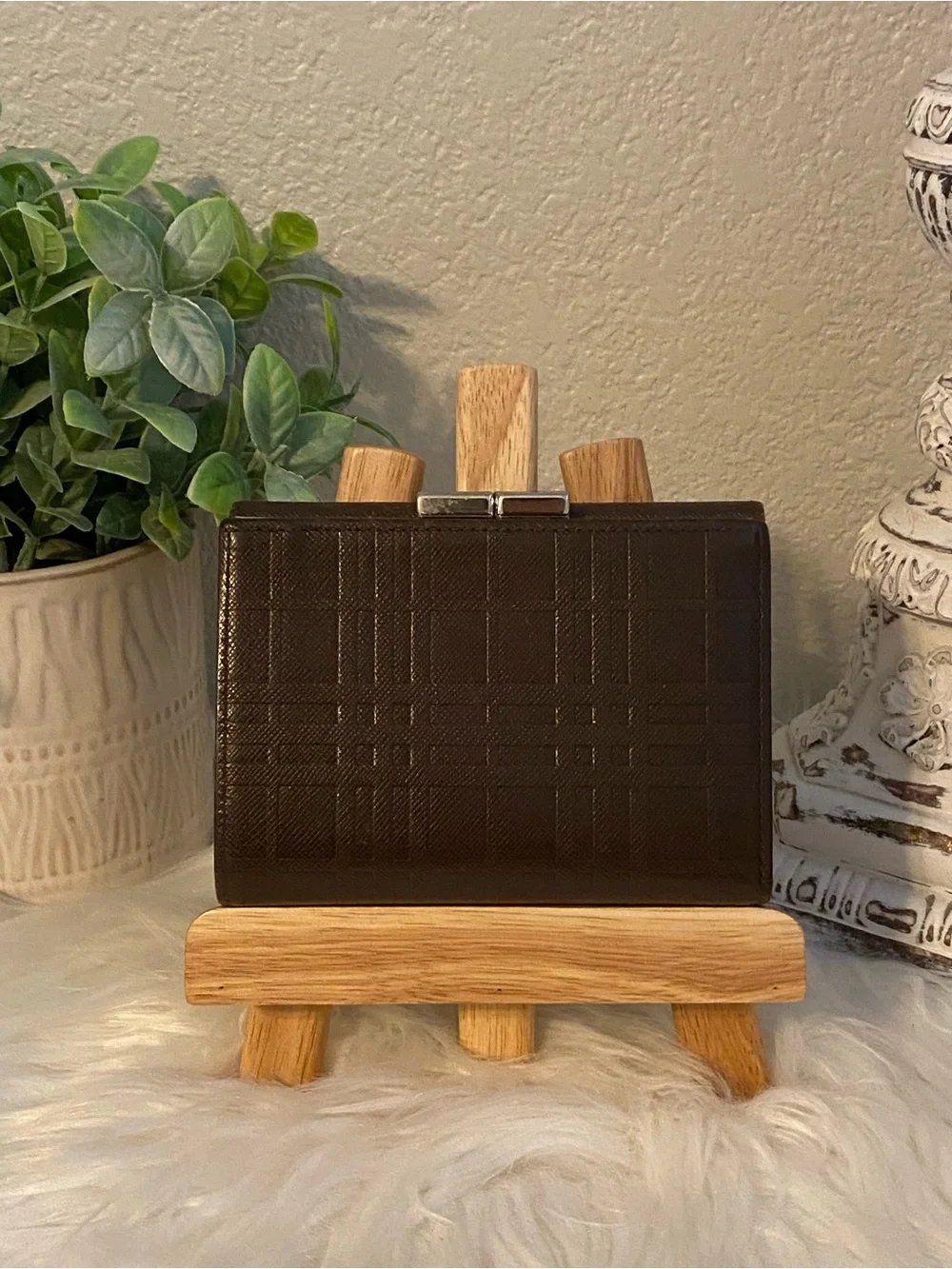 Burberry Unisex Brown Plaid Textured Kiss Lock Wallet